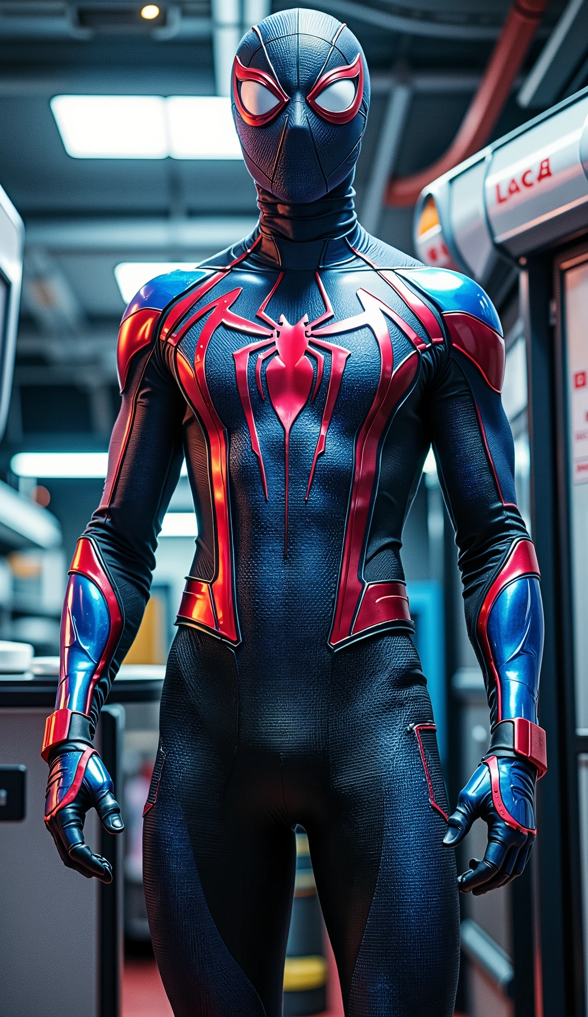 "Low-angle full-body shot of Spider-Man in iridescent cyber armor with color-shifting plating and shimmering reflective surfaces, modern tight-fitting Spider-Man mask. No hood, no cape, no helmet, no robe. Face and head clearly visible, fully uncovered. Full body in frame from head to toe, wide shot, camera pulled back, no cropping. Futuristic energy lab background, cinematic glow, ultra-detailed, 8K."