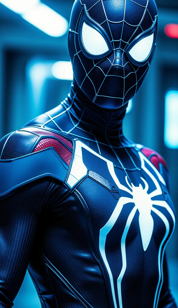 Un spiderman con un traje Predominantemente azul con franjas rojas que recorren los brazos y las piernas, The suit has a large spider emblem on the chest that glows an electric blue hue, a Mask Equipped with expressive white lenses
