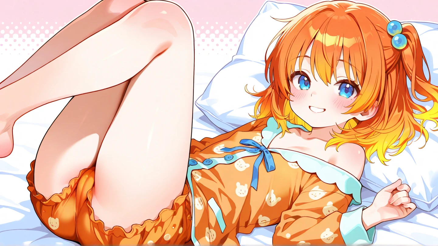 Honoka Kosaka Orange Hair Blue eyes Side Tail Orange nightgown White garter belt smile Larger breasts night Love Hotel Seduce Sit on the bed night景 Dark Room Room lighting Holding an orange cocktail