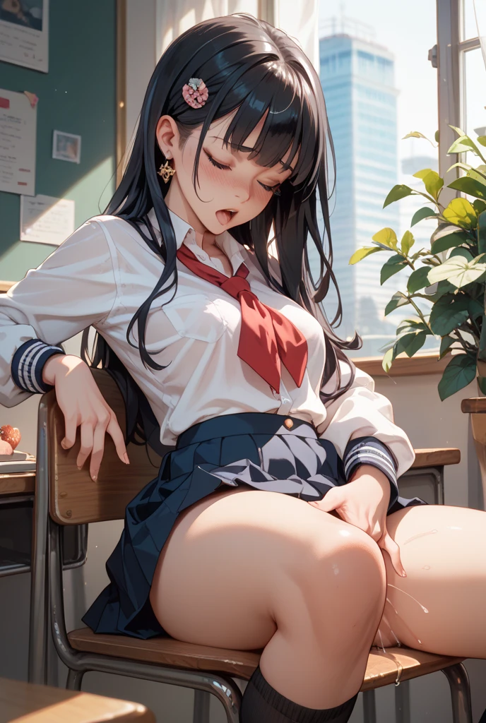 highest quality、masterpiece、1 girl、(Ahoge)、(blush:1.5)、(smile:1.5)、((fun!!))、cute、()、、high school girl、((classroom:1.5))、()、、Kamimei、look at me、(No panties:1.3)、((shaved pussy:1.5)), ((red bow tie, , black jacket, open jacket, white cardigan, white shirt, black skirt, plaid skirt、))、 (No panties:1.3)、((shaved pussy:1.5))、(highly detailed closed labia:1.5)、((pee is coming out:1.8))、peeing、((BaggySocks:1.8))