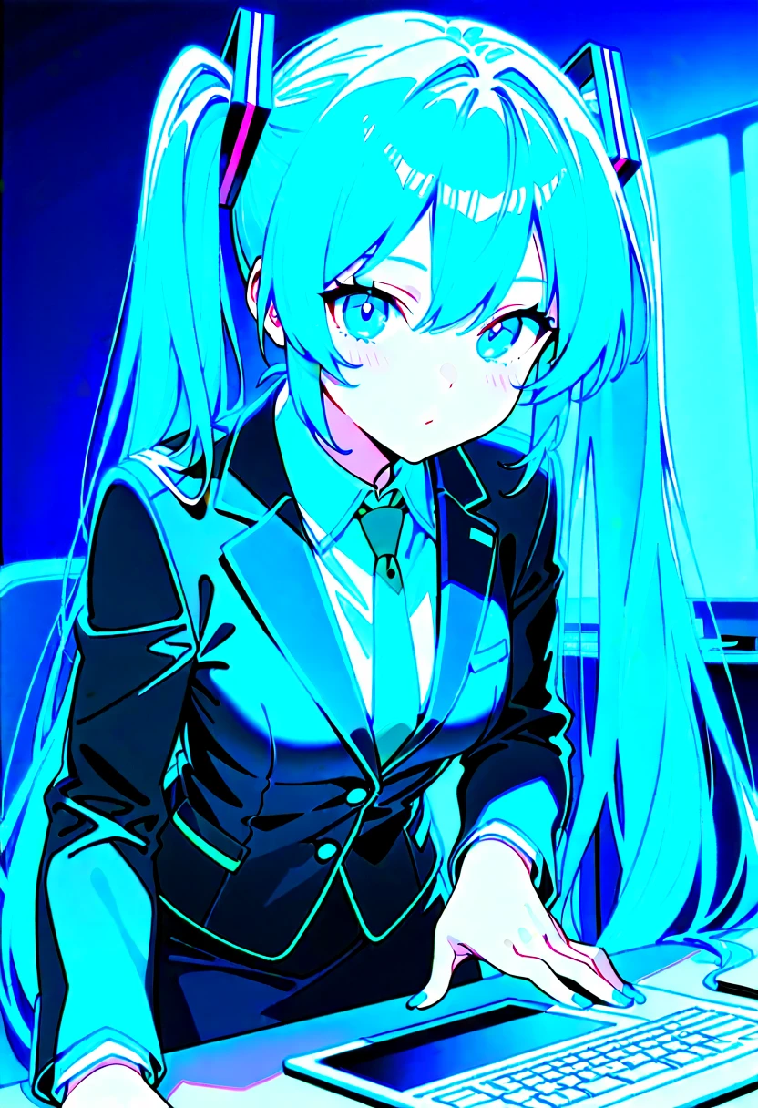 1girl,Japanese,22 old,(chubby),light Hatsune Miku, semi long hair,(bussiness woman’s recruit suit),(navyblue blazer),(navybrue pencil skirt),(black pantyhose),at office,sitting on chair,sun Light,ultra-detailed, Photorealistic,extremely detailed,4K,8K,highly detailed,super detailed skin,detailed beautiful face and eyes,very detailed background,Sally Yoshino
