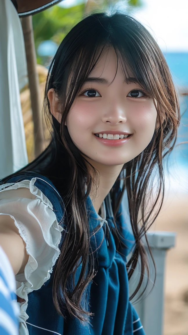 best quality, hyper detailed, highres, beach, ocean, sky, a girl, , necromancer, XXX-shaped, excited, shy, grinning, sitting on the floor, cross-legged, looking at viewer, side view, jitome, pale skin, fair skin, shiny skin, detailed skin, detailed face, , slender, cardigan, undone clothing, pants, piercing, blush, in the ocean, on the beach, in the sky, in the morning, kawaii, beautiful, extreme closeup shot, from front, dynamic angle, golden ratio, dappled sunlight, bright colors