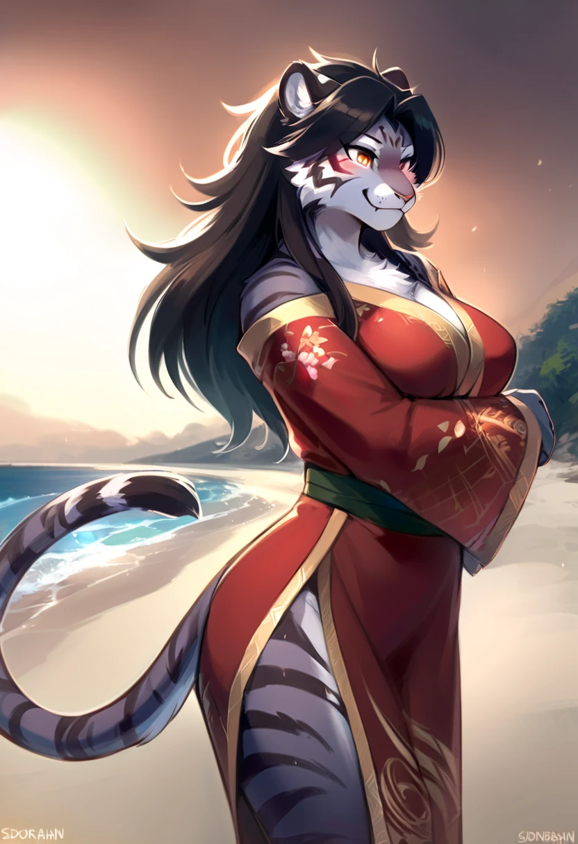 ((By Bebebebebe, by SpiritD, by K0BIT0WANI, best quality, masterpiece, perfect anatomy, detailed picture)), 1female, Wendell, (Fortnite), sexy body, big breasts, fluffy tail, bikini, red blushing, shy, in the beach, 