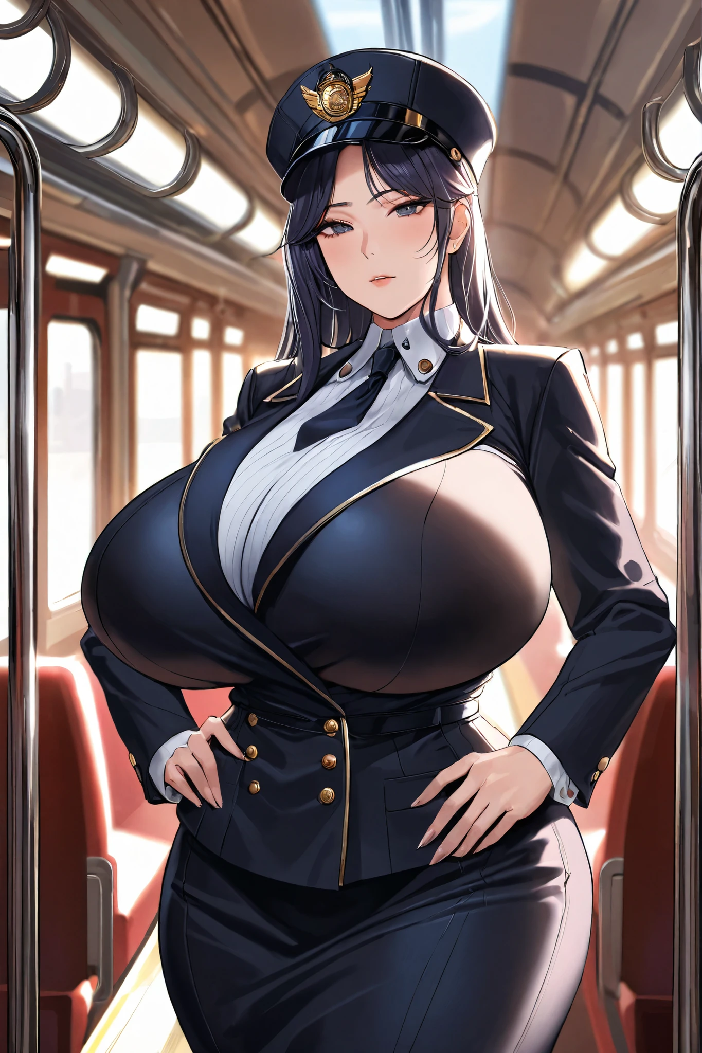 1 woman in black maid outfit with white skirt, white stockings, and tight corsets, showcasing immense curves, Mohawk hairstyle, extremely beautiful. Surrounded by elderly gentlemen who are admiring her. She playfully begins to show off, enjoying the attention. She's facing the viewer, smiling happily, in a futuristic subway setting. Anime style, a masterpiece, highest resolution, quality, detail, sharply focused, professional image