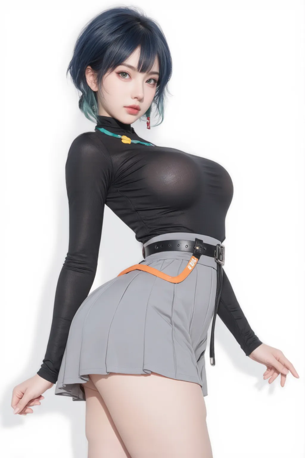trembling_effect_climax, Xenovia_Quarta, black capelete, red pleated skirt, white collared shirt, black ribbon, blue hair, short hair, green hair streak, gold eyes, curvy figure, large breasts,