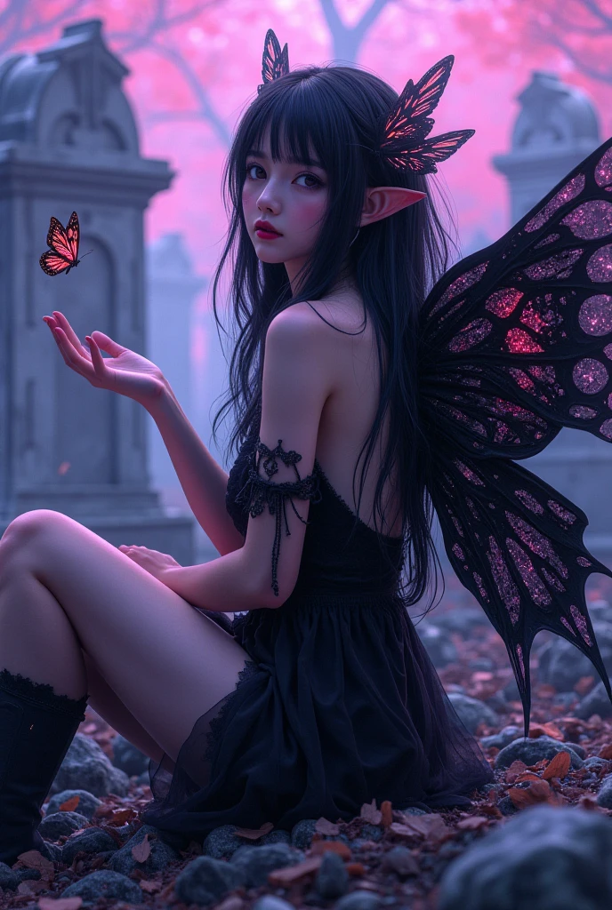 ASCII(score_9, score_8_up:1.1), score_7_up, 1girl, petite, black hair, long hair, butterfly wings, glossy black skirt, glossy black top, void forest, sitting on rock, crossed legs, red water, magical, golden tiara, blood moon, void <lora:sdxl\vixon_pony_oil:0.7> <lora:sdxl\Concept Art Eclipse Style LoRA_Pony XL v6:0.5>