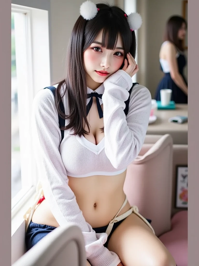Long-haired Alafeld Asian woman sitting on the floor with a knife, girl cute-fine face, Yoshitomo Nara, generous cleavage open jacket, twintails white_mitts, Korean girl, Open V chest clothes, 🤤 girl portrait, Realistic young gravure idol, Middle metaverse