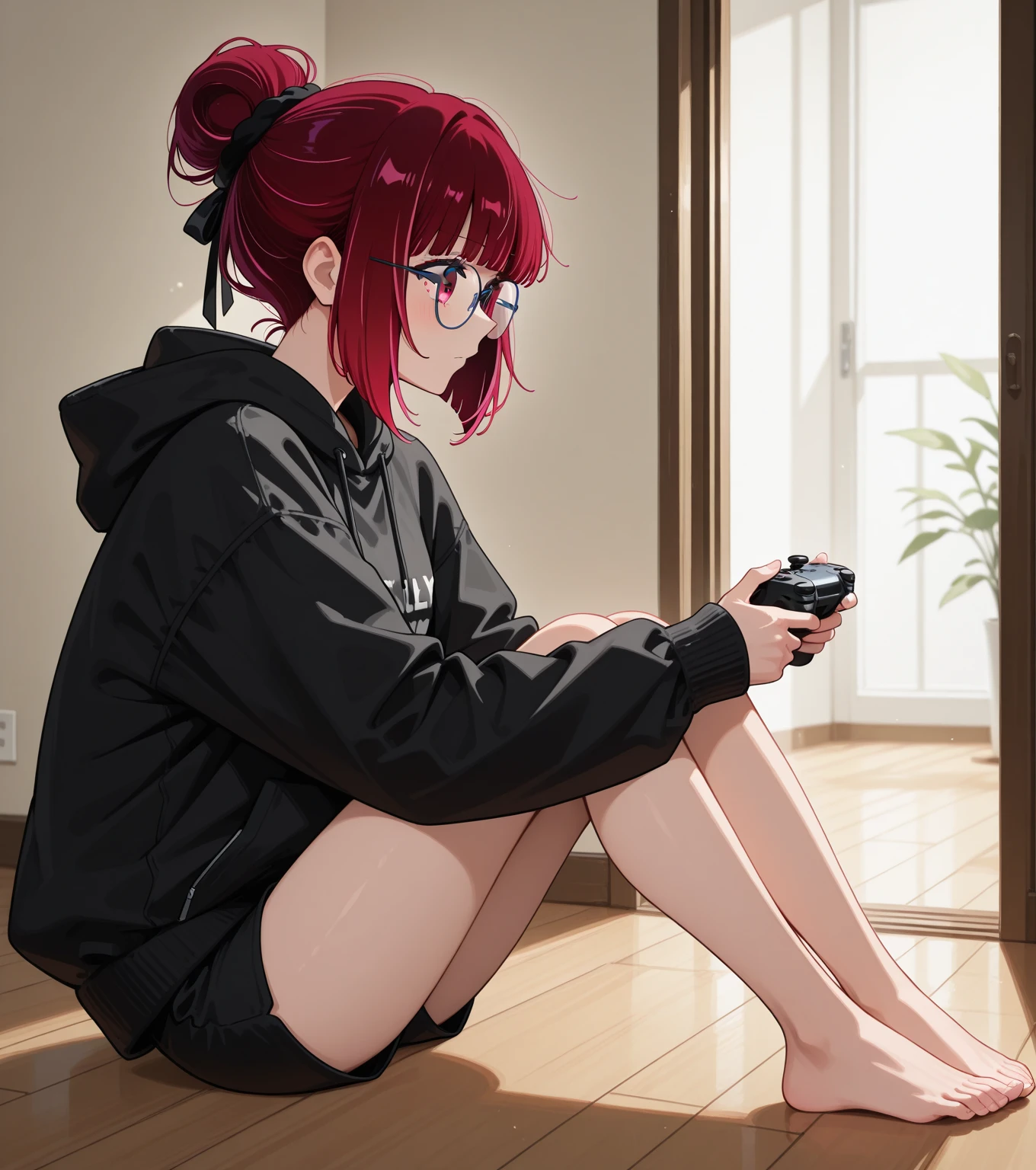 Highest image quality、8K、The moment my lover caused a miracle、Amazing visuals、Professional effects woman、full body、full body photo of woman、big breasts、Big Red Eyes、black hair、short hair、(Two red hairpins)、13 years old、1 female、red face、shy、(Wearing headphones)、Wearing a white hoodie、Wearing black tights、(It's night outside)、(It's raining)、The hair inside is colored、mole under eye、Super detailed、high detail