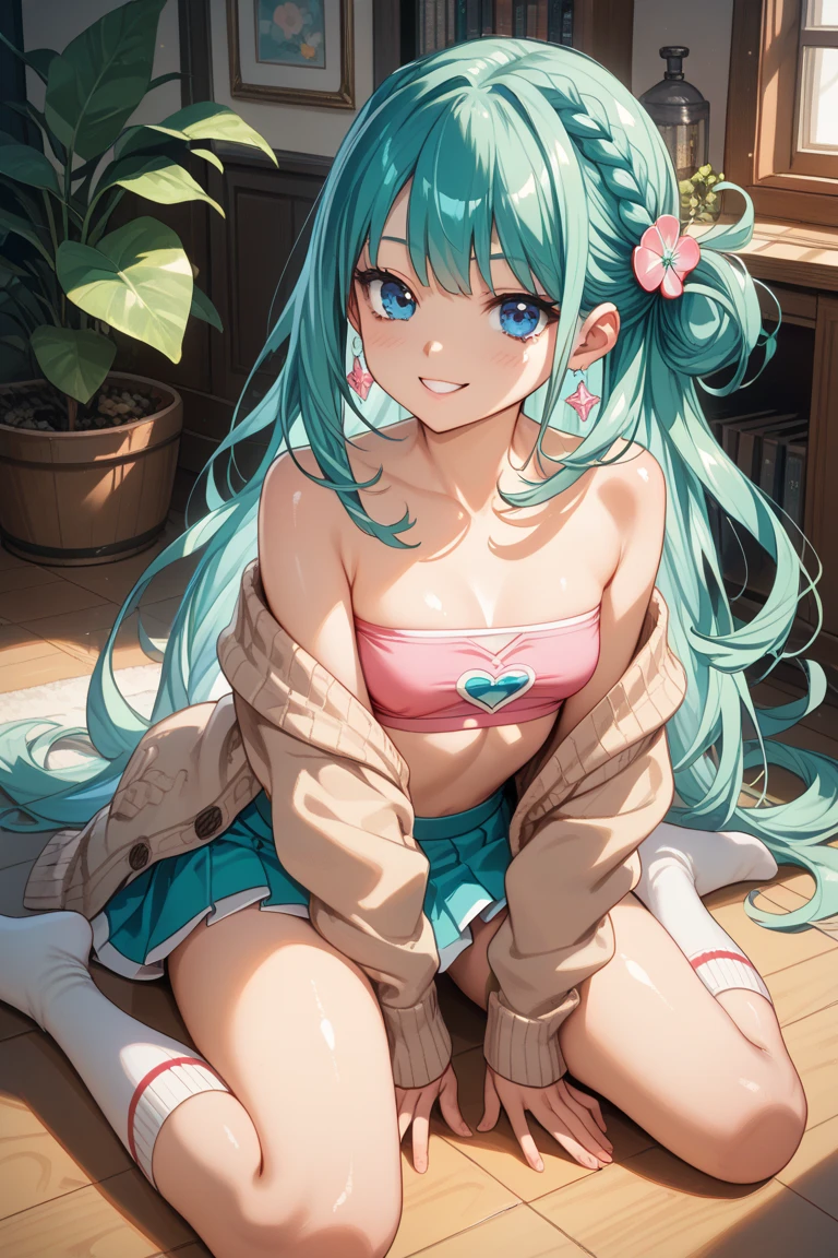 ((8k, Highest quality, masterpiece: 1.3)),Ultra-high resolution,(1 girl, alone), (Color changing eyes, Ultra-detailed, Expressive brilliance, Glitter, Glowing Eyes), Highly detailed eyes, Highly detailed face, Random Hair, ((pastel colour)),A vibrant young woman with pastel mint-green hair styled into a high bun, standing near her bedroom window during a bright morning. She is wearing a vivid red bikini with metallic details. The camera captures her from a low angle as she adjusts her bikini top, her posture straight and her expression confident. As she shifts into another pose, she sits on the bed with her legs spread wide apart, leaning slightly forward with her hands resting on her knees. The room is filled with natural light, with modern decor and a minimalist aesthetic highlighting her bold presence.