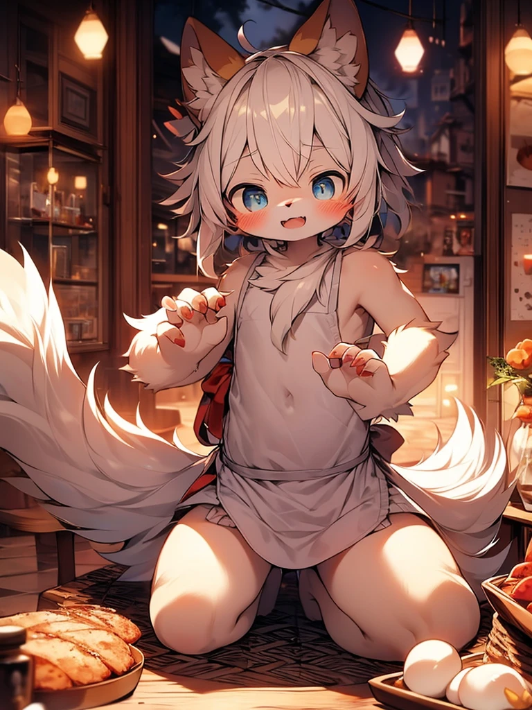 best quality, masterpiece,white hair, dark green eyes, looking up, upper body,hair strand,side braids, 16k, Furry,( White_Hair, white fur:1.2), Fox, cub, solo child boy, thick thighs, Topless,skin_Fang, bikini with bows (green bows, white bikini), bow in hair (green), gold accents, warm lights, posing, Ears down, Full shot, fullbody, author:Sumi Kuroi, Yupa,Kiyosan