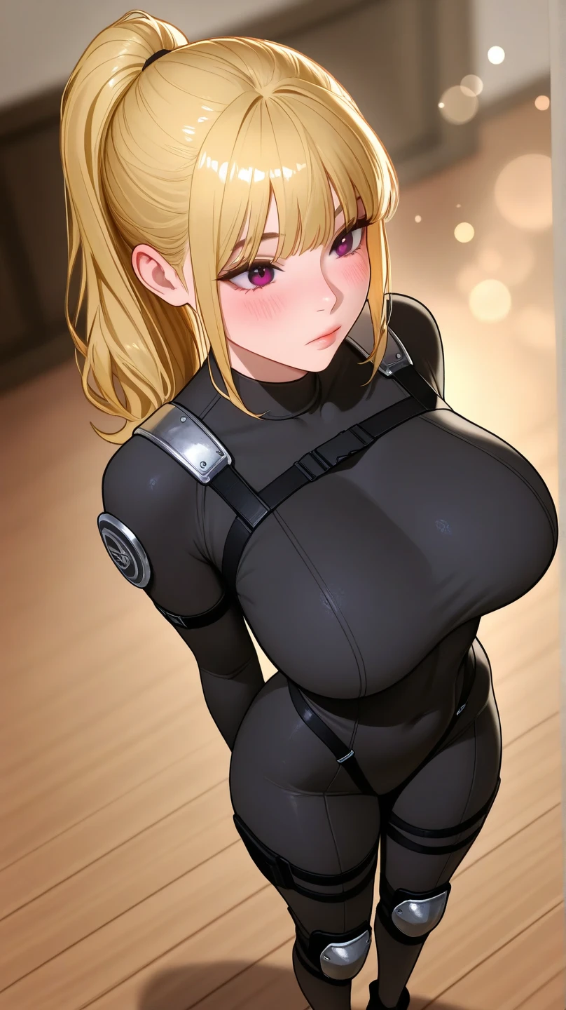 highest quality, High resolution, AND18, 1 girl, android 18, alone, golden hair, blue eyes, short hair,earrings,big breasts, frown,troubled face, Sweat,1 girl, Black tight suit, streak,looking at the viewer,have an assault rifle