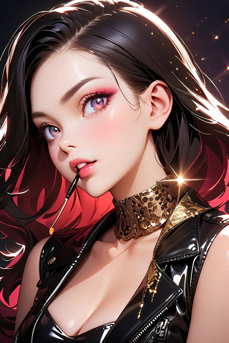 detailed textures, high quality, high resolution, high accuracy, Realism, color correction, correct lighting settings, harmonious composition. 1 girl in, Straightening clothes, bad girl, кружевные gloves, split, earrings, Glasses, gloves, Jewelry, lace, lace trim, Big breasts, lips, long hair, I look at the viewer, draw up, приоткрытые lips, White background, Red eyes, красные lips, round glasses, One, Sunglasses, tinted glasses, upper body, black hair--ar 3:4- Niji 6
