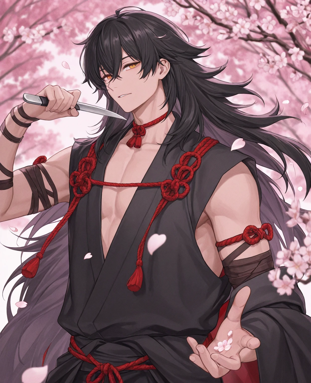 ((masterpiece:1.2)), ((best quality)), ((masterpiece)), ((original)), ((1 man)), ((oni)), ((large oni fangs)), ((muscular body)), ((heterochromia (color 1 honey_color 2 amber)_half-closed)), ((very long hair_black hair_small bun)), ((pale skin_stripes on skin)), ((long tail_tuft of hair on tip of tail)), ((draconic legs)), ((long ears)), ((oni horns)), ((samurai clothes)), male (man), ((full body shot)), ((cherry blossom background))
