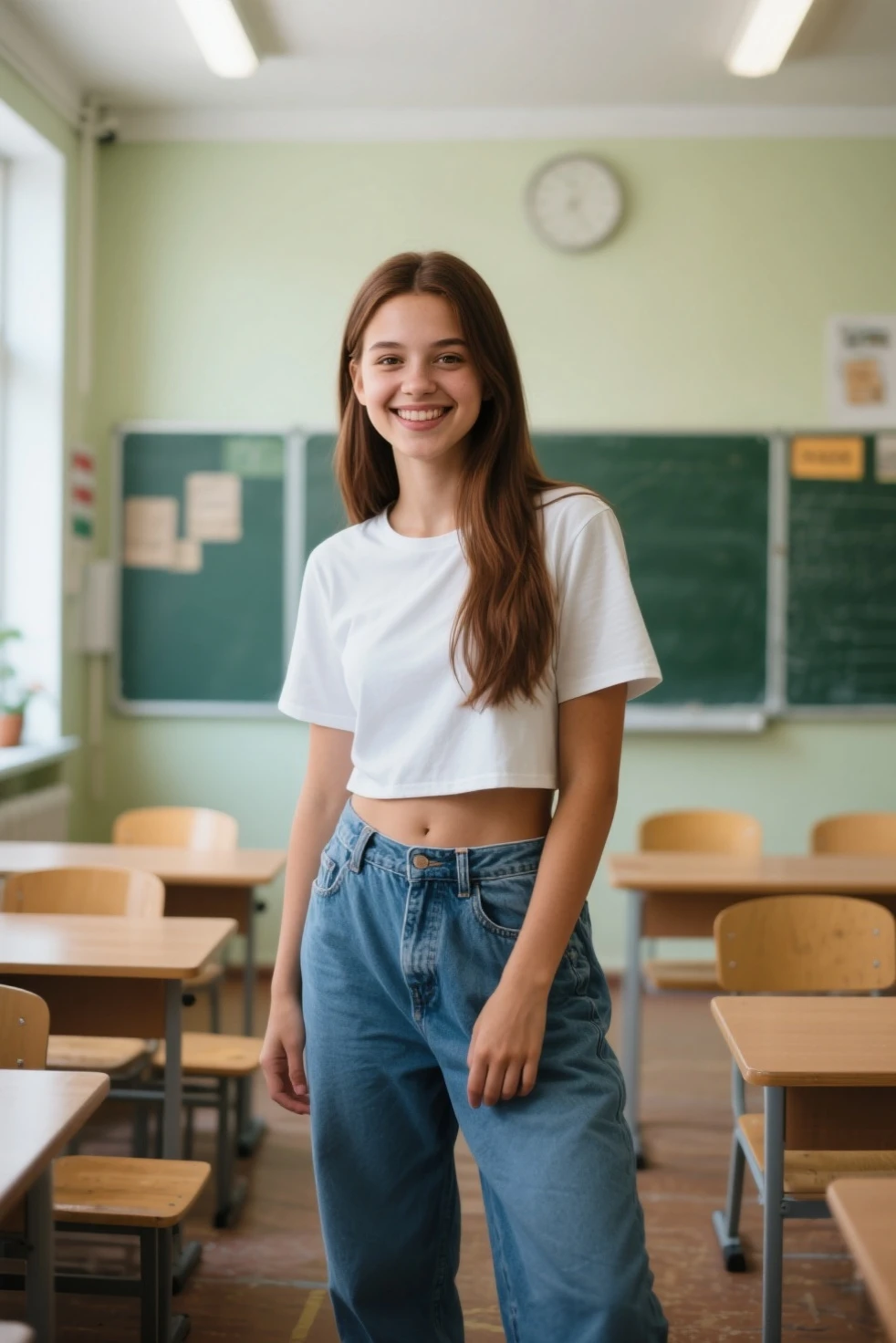 Cute small 14 year old girl with big breasts crop top and tight jeans and blond hair giving a school presentation but she needs to pee realy bad