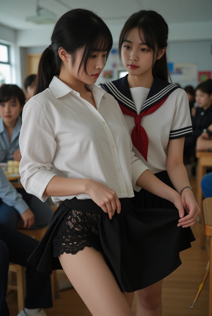 seifuku, photo, realistic, best quality, hires, detailed face, classroom, detailed background, diffused lighting, depth of field, spread pussy