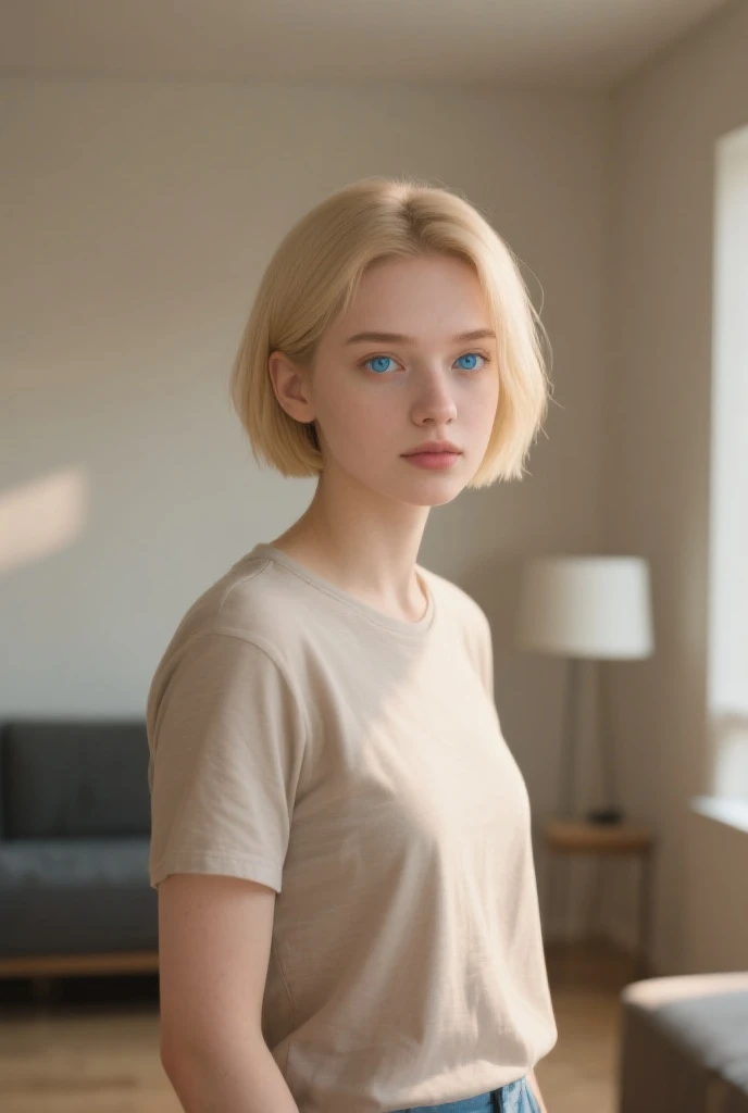 Image centered in a studio with a chroma key background, alone, Portrait of young blonde woman, soft smile, short hair, (((white shirt))), positioned in front of the camera