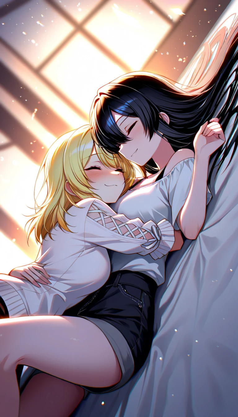 Two Women,Alpha ,Long blonde,gamma,Long Black Hair ((naked))), Big Breasts, Erect nipples, BIG ASS, kiss, (adult)
 ((White liquid dripping from the crotch)),Love Hotel,My crotch is wet,Lying in bed(masterpiece:1.2), High resolution, Highest quality, 8k,