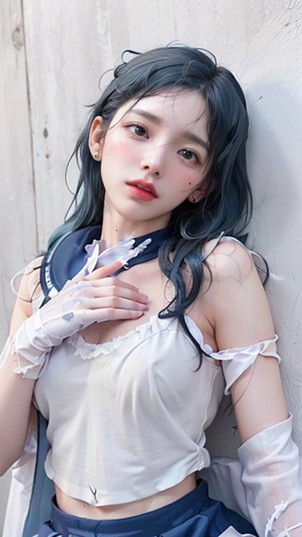 Best picture quality, masterpiece, ultra high resolution, (fidelity :1.4), photo, 1 girl,[(sadness)],white shirt, Dim, dark, desperate, pitying, pitiful, cinematic,tear,teardrop,(Torn clothes:1.5), (Wet clothes:1.4), bare shoulders,Real rain,wet hair,..