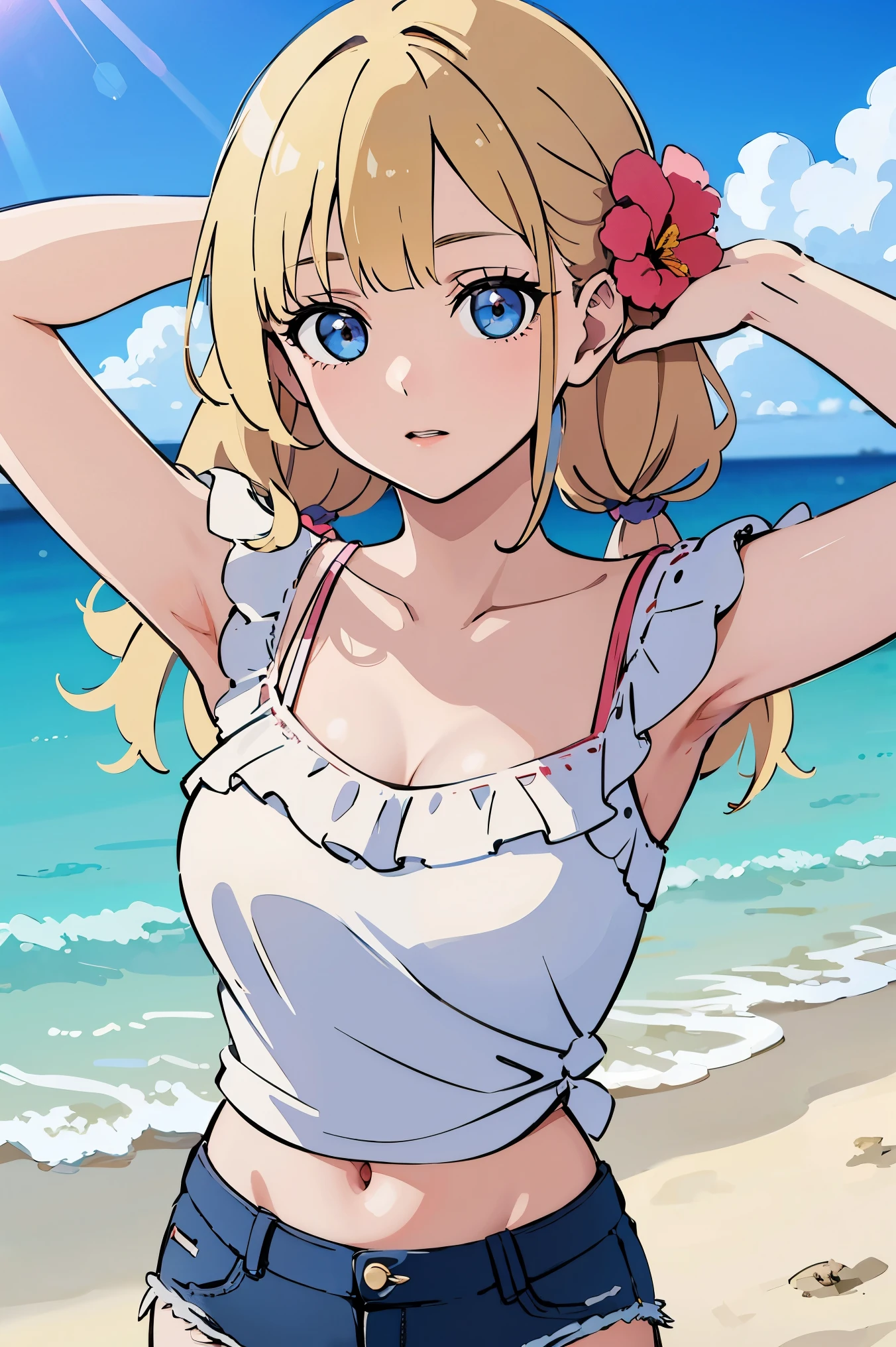 ((best quality)), ((masterpiece)), (detailed), perfect face, ((Best quality, 8k, Masterpiece: 1.3)), Highly detailed face and skin texture, Detailed eyes, Double eyelid, A girl with a large flower decoration in her hair, hibiscus, phalaenopsis, dahlia, blond hair, low twintails, Off-shoulder, white T-shirt, denim shorts, midsummer beach, blue sky, strong sunlight, cowboy shot, armpit