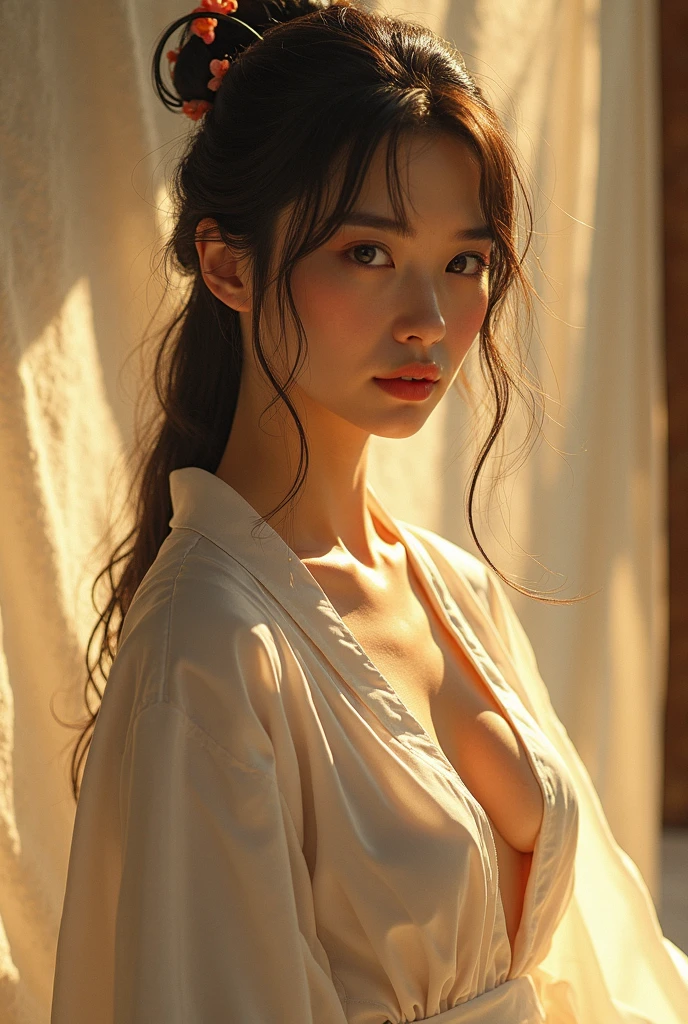 detailed upperbody portrait of an indonesian mature woman (wearing button shirt:1.2), aurakasih likeness, beautiful detailed eyes, beautiful detailed lips, extremely detailed face, mesmerizing expression, long eyelashes, (brunette hair, braid style), ((exposed thin breast):1.3), slim body, slender posture, simple background, dark colors, cinematic studio lighting, photon mapping, highly detailed, intricate details, artistic photograph, 8k, photorealistic, masterpiece, wide angle, seen from forward, facing forward