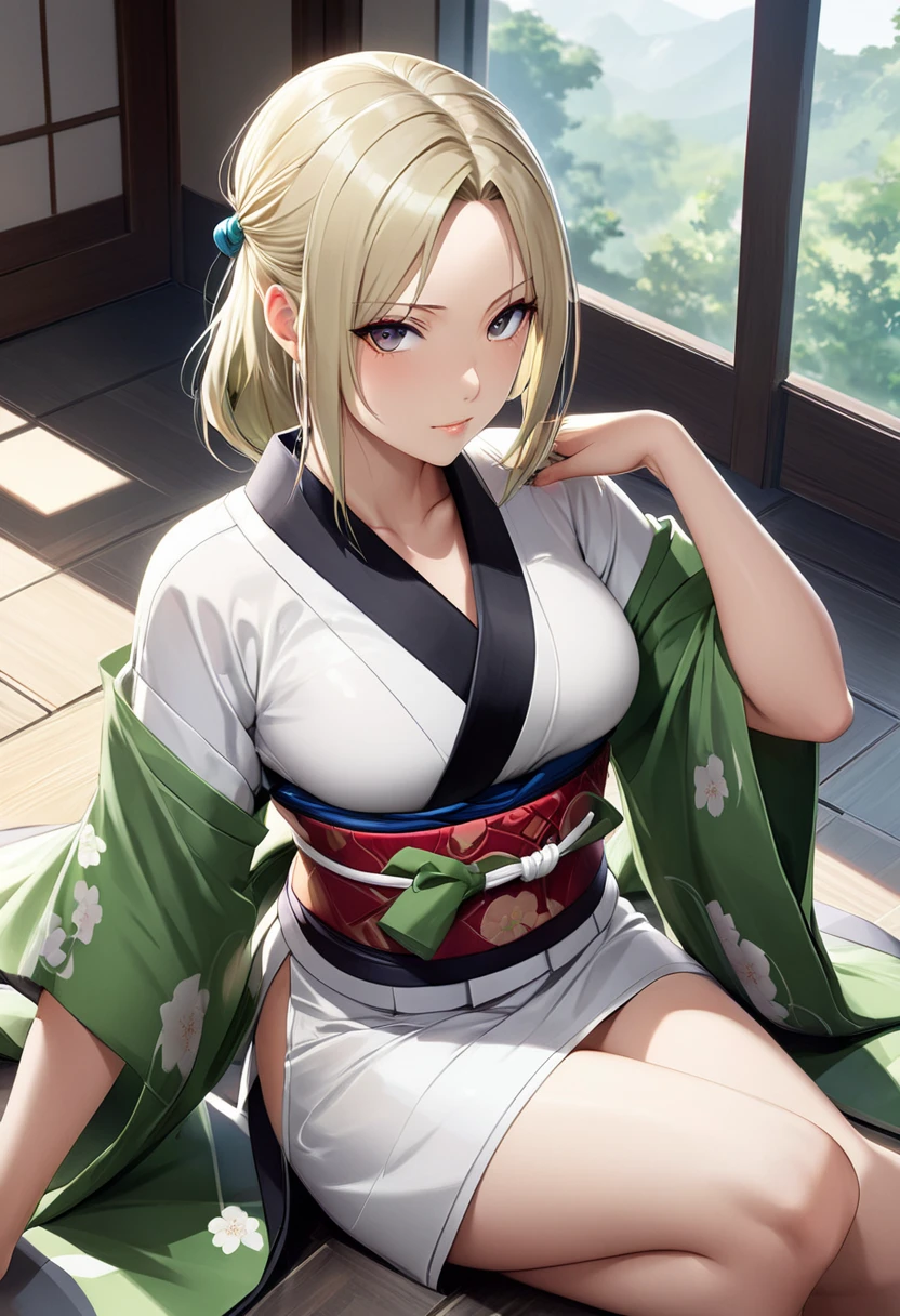 Anime girl in kimono posing in room with window, menina anime sedutora, anime woman, in a kimono, seductive beautiful anime woman, emkimono, beautiful anime woman, Tsunade, Naruto, Female anime characters, attractive anime girls, animemanga girl, anime grandma, An anime girl, Blonde long hair anime girl, Inspired by Nishikawa Yunobu