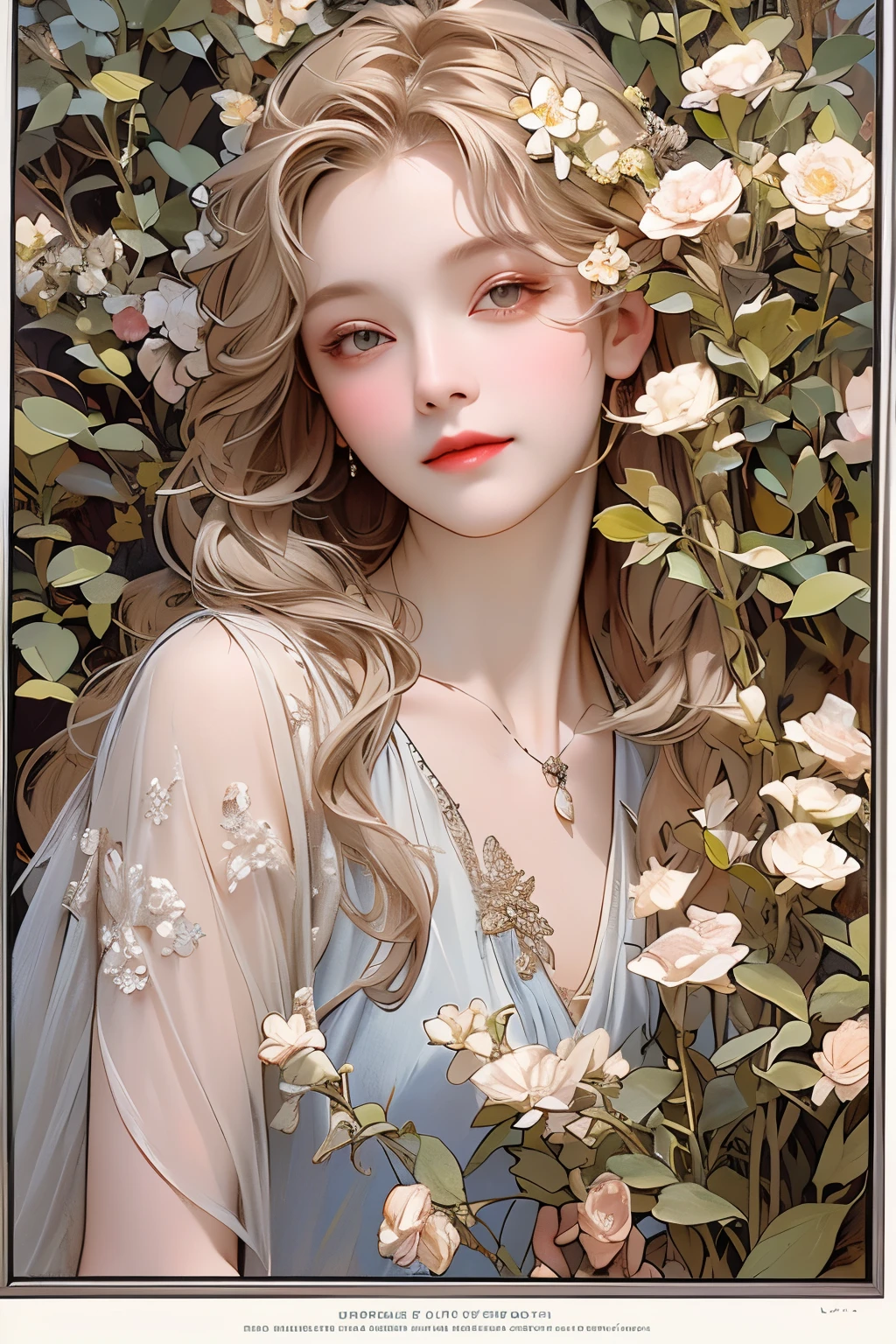 (Oil painting of a young, beautiful woman), striking portrait, (calm, gentle, girlish smile), (almost straight, medium-long silver-gray blonde hair), (close-up), glossy lips, (simple, urbane, sharp shirt), (slim figure), small necklace, soft spring sunlight, young leaves on the trees, fine and precise details, small spring flowers, muted colors, bright primary colors used partially as accents, use of contour lines, clean line drawing, (Alphonse Mucha-style composition), (stylish decorative frame in Art Nouveau style), masterpiece!, beautiful!, wonderful!, perfect!