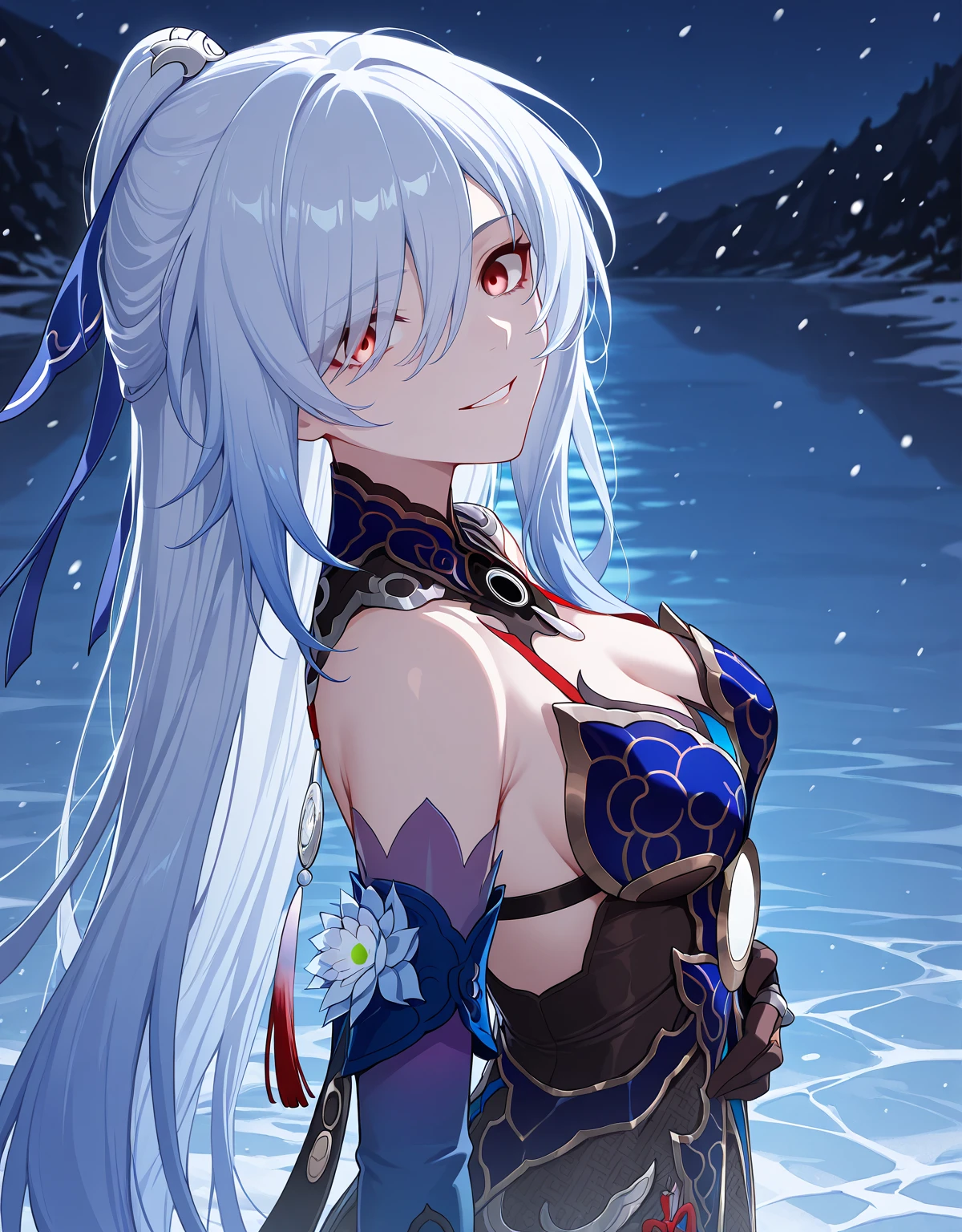 Super detailed, Extreme Detail, Extreme Detail, Extreme Detail, extremely detailed, Super detailed,
beautiful eyes, beautiful hair, Beautiful side, beautiful skin,nsfw, 1Girl, solo, jingliu, red eyes,glossy leather, big breasts, Charming smile, blush, black underwear, cleft chest, sit, dorsal star arm, open-air,