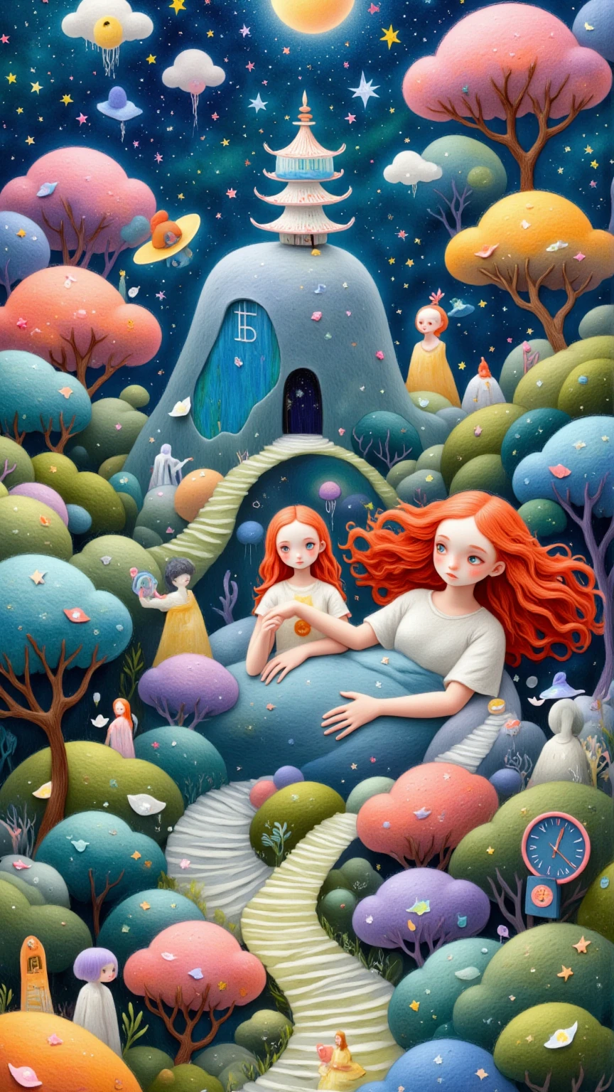 (((James Jean Styles:1.5))),microorganism、Mother walking with her daughter at sunset,Stitching an abstract painting,Describing the inner world of autistic people,Sense of space,blank space,interesting,innocence,psychedelic art