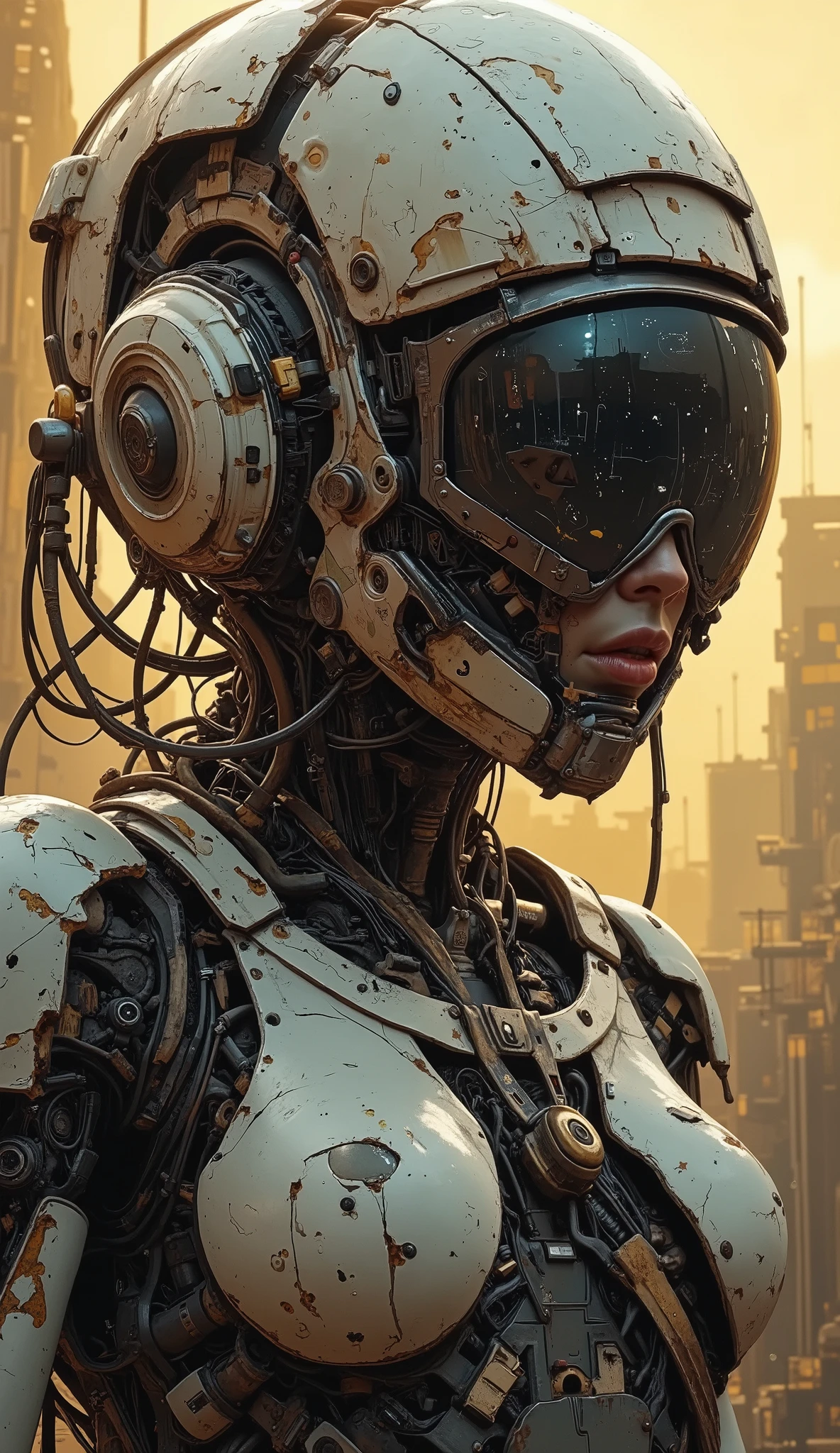 A detailed, damaged spacesuit of an astronaut experiencing shock. The figure of an astronaut in profile, a battered spacesuit, muted beige and yellow tones. A visually battered, cracked darkened, closed mirrored visor reflecting the cosmic landscape. The face is not visible. A complicated, battered spacesuit with intricate mechanical details, a gesture of desperation, a hand pressed against the glass of the visor, conveys despair or confusion. Realistic lighting, a sharp contrast between the worn texture of the costume and the bright cosmic background. Atmospheric foreshortening, at a slight angle, emphasizing the isolation of the figure. Cyberpunk elements are integrated into the futuristic design of the spacesuit. A realistic, but at the same time stylized space setting with a dimly lit, otherworldly city in the background. Detailed textures of the suit, reflecting wear, mechanical components and intricate lines. The character's posture and facial expression create a feeling of heavy melancholy. High-quality, photorealistic rendering style reminiscent of science fiction. Muted, gloomy, emotional tones reflecting the suffering of the figure. Elements of deep space that emphasize the vastness of space. The emphasis is on mechanical details and visual texture. Sci-fi aesthetics of cyberpunk. A close-up that highlights the face of the figure and the expression of despair and depression.