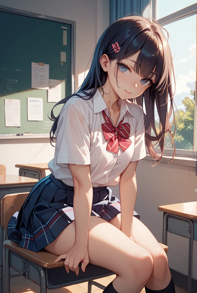 1girl,23yo.strawberry print panties ,.classroom brown eyes, brown hair, cardigan, female pubic hair, full body, gyaru, hair ribbon, lips, loafers, long hair, looking at viewer, panties, plaid, plaid skirt, realistic, red ribbon, , shirt, short sleeves, simple background, sitting, skirt, skirt lift, smile, solo, spls, standing, striped, white neckerchief, white shirt.