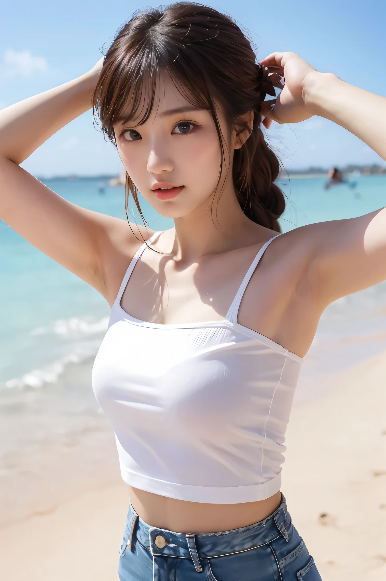 ((best quality)), ((masterpiece)), (detailed), perfect face, ((Best quality, 8k, Masterpiece: 1.3)), Highly detailed face and skin texture, Detailed eyes, Double eyelid, A girl with a large flower decoration in her hair, hibiscus, phalaenopsis, dahlia, blond hair, low twintails, Off-shoulder, white T-shirt, denim shorts, midsummer beach, blue sky, strong sunlight, cowboy shot, armpit