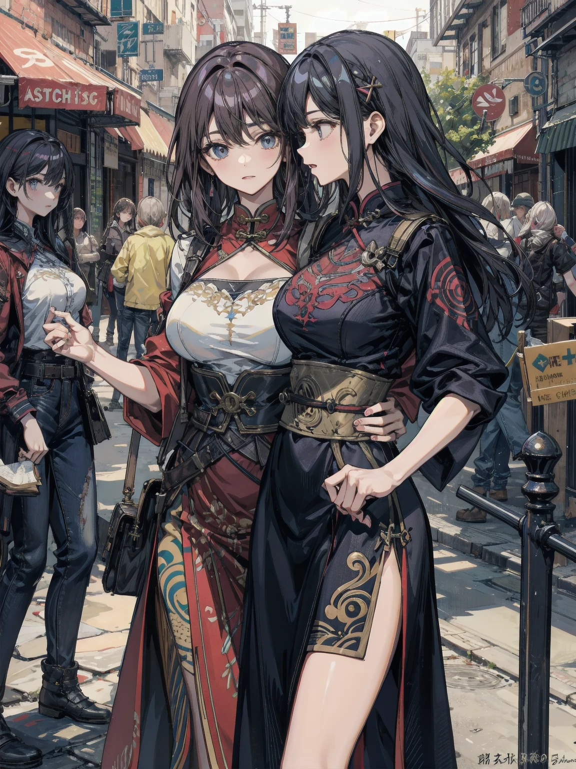Best Quality, Masterpiece, Extremely Detailed, High Resolution, 4K, Ultra High Resolution, Detailed Shadows, Perfect Light and Shadow,duo, Two Girls in Stylish Clothes Taking Selfies on the Street, fantastical cityscape,Colorful Braids, Anime Role Play, Anime Style Mixed Fujifilm, Cute, Big Laugh, Big, Sexy,(alebrijes art style),pureerosface_v1,ulzzang-6500-v1.1,fantastical clothing,princess eyes round pupils,fantastical necklaces,fantastical ribbons,fantastical rings,fantastical jewelry,fantastical hair ornament,fantastical belt,studio light,