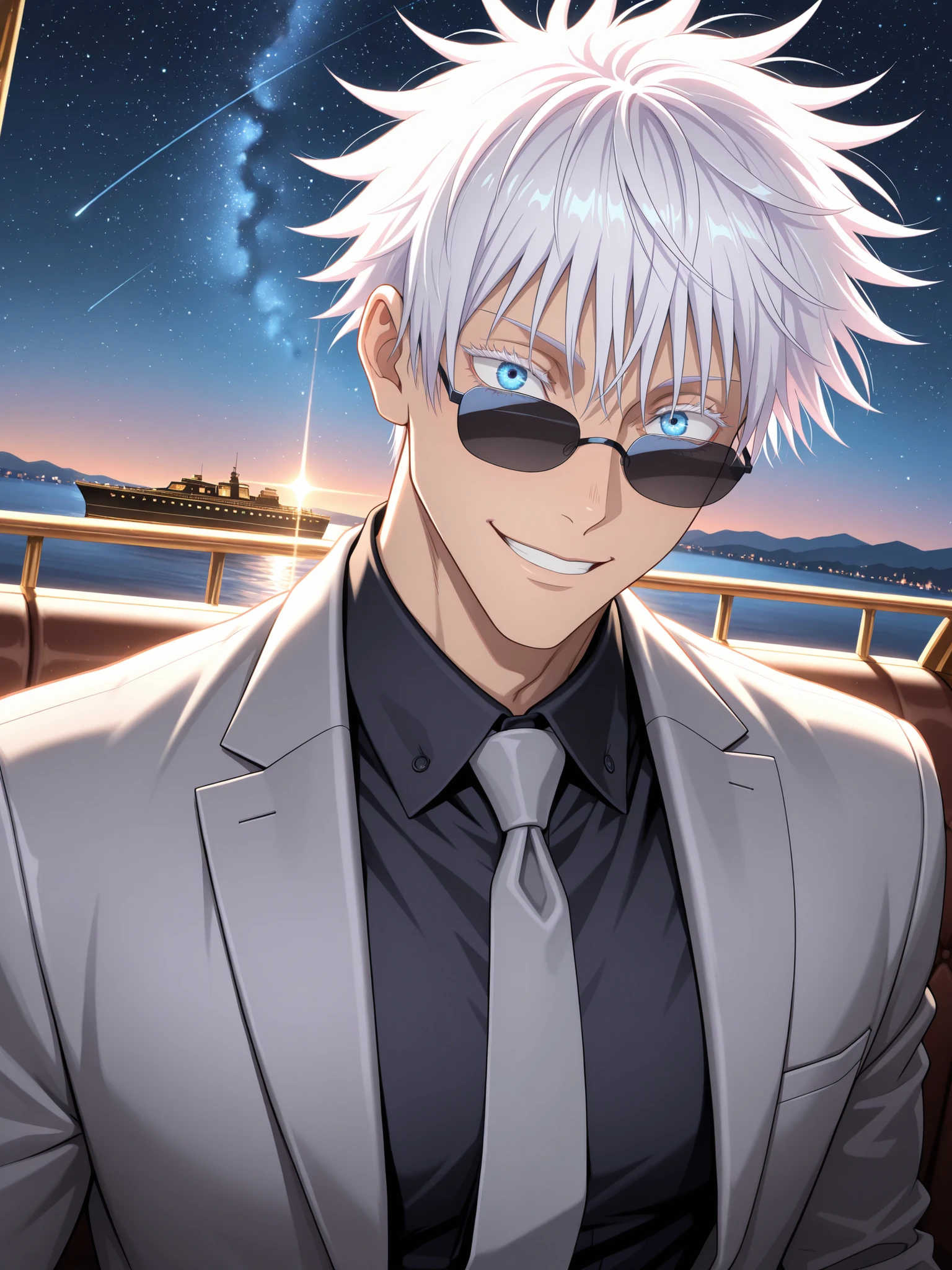 (masterpiece, best quality), amazing quality, very aesthetic, absurdres, highres, newest, HDR, 8K, anime style, cinematic, professional lighting, backlighting, dynamic angle, 1man,adult, male focus, smile, gojou satoru, jujutsu kaisen, blue eyes, colored eyelashes, white hair, short hair, toned chest, sexy man, handsome face, grey suit, black shirt, grey necktie, black sunglasses, on Luxury Yacht, night, gradient sky, stars, moonlight, glittering, shining, glowing, close up