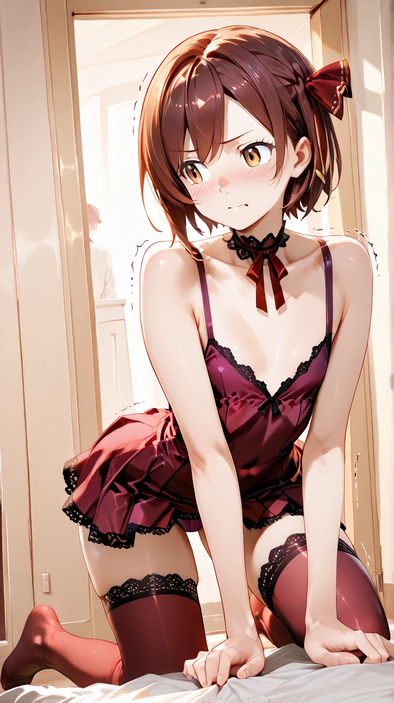 standing woman, Ochako Uraraka, , pink lace babydoll, through banydoll, lace garter belt rosado, lace boyshorts pinkish flowery texture, medium breasts, perfect legs, perfect feet, lace stockings, red high heels, strip club. Masterpiece, Super High Resolution, perfect body, full body