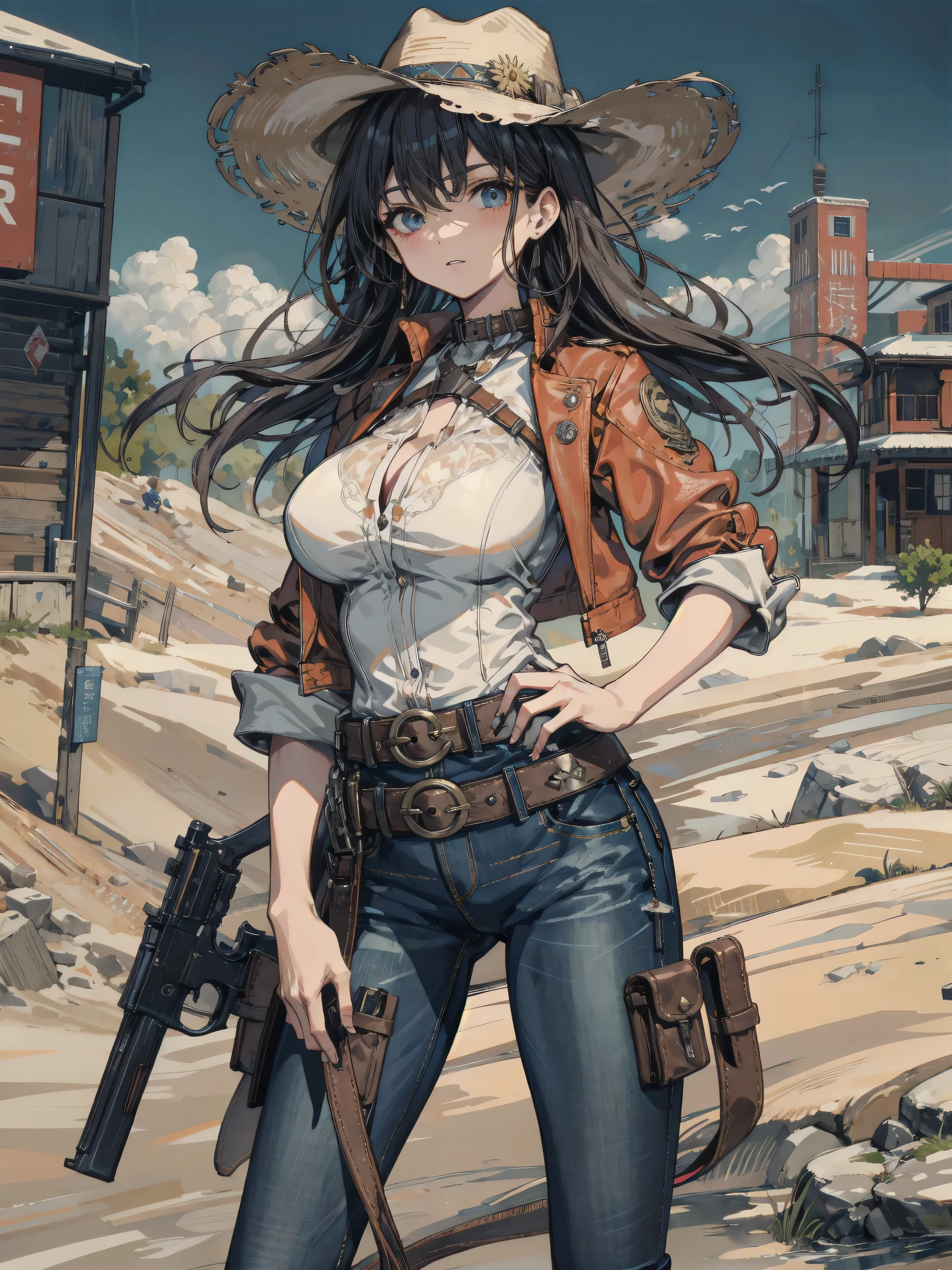 cowboy shot, huge round breasts, ((black hair)), outdoor, wild west, dusty desert landscape, cowgirl, cowboy hat, leather jacket, tight denim jeans, gun holster on hip, lasso in hand, revolver in belt,