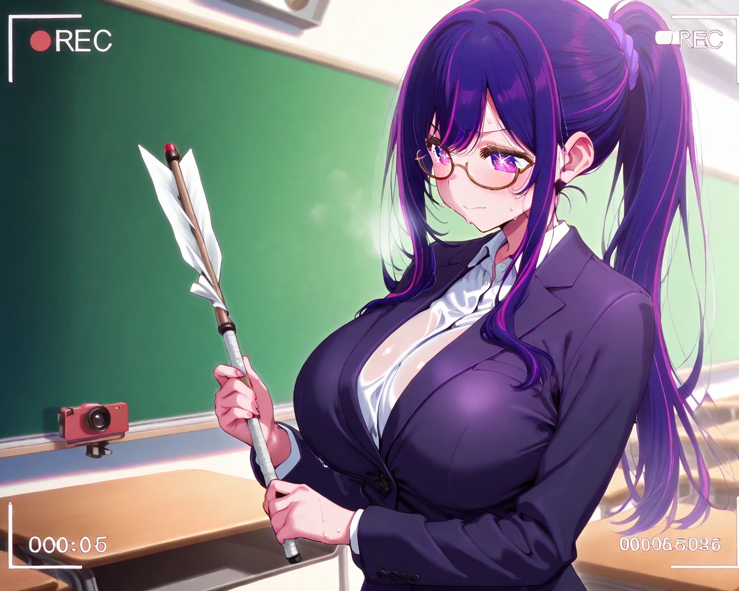 Nerdy science teacher, glasses, labcoat, dress, purple hair in messy bun, elf ears, large breasts, in a classroom