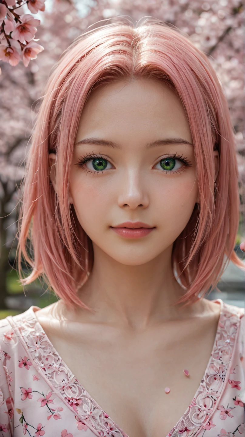 See through，Beautiful and fair、Glowing Skin, 3 Up, nice, bright, Refreshing and gentle look, Perfect beautiful face、Beautiful shiny bangs, Very beautiful 17 year old girl, eyeliner, Very perfect eyes，Very large breasts，The original skin is visible through the grooves，Muscular body，Khaki Lace Yoga Wear，Pink Short Hair