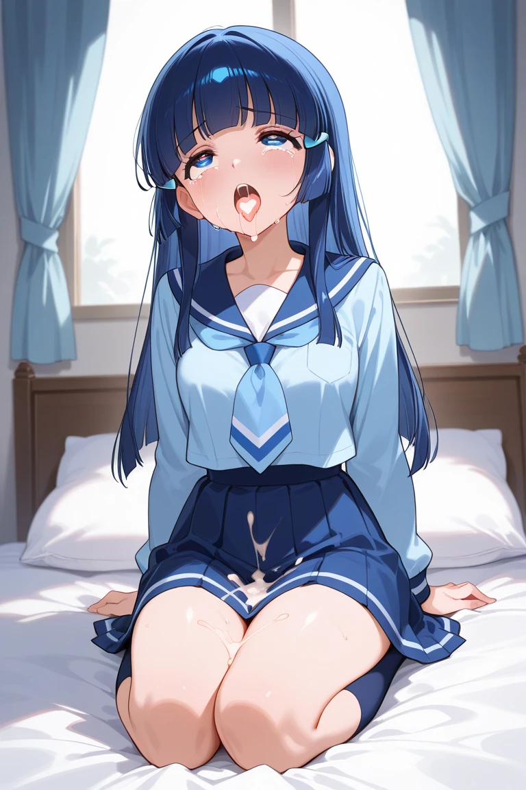 8K,highest quality,masterpiece, highest quality, High resolution, sui1, 1 girl, alone, side ponytail, hoshimachi suisei,flat tits,small nipples, male, vein penis , blowjob, intrusion, sob, ((( crying ))), teardrops , Open one eye wide, close another eye , (catch head), desk, spread legs, pants, between legs, uncensored,Drool, Vulgarity , nude,naked,