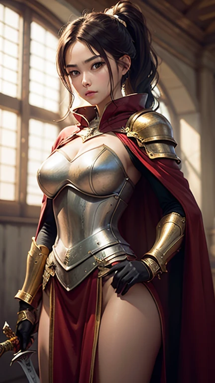 Detailed portrait of Cinematic shot,cute girl,cape,samurai,gold and red assassin armor,intricate armor,vikings helmet, angry, full body,gundam Emphasize blackened steel,detailing,4k resolution,enaissance style,high contrast,cinematic lighting, clean-shaven, high level of detail, dynamic pose,showing big breast