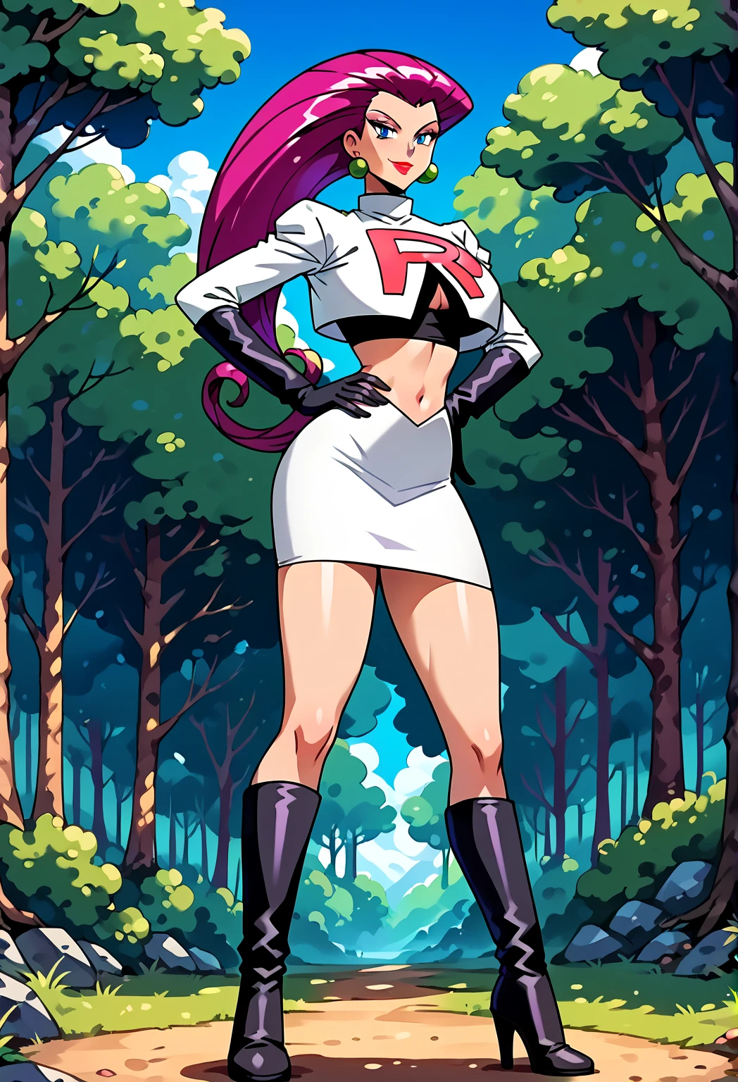 graphic novel comic illustration, of upper body, sexy jessie, posing, <lora:TR_Jessie-DEF:0.75>, team rocket, long hair, slicked back, white crop top, white mini skirt, elbow gloves, thigh boots, makeup, skintight, bellybutton, standing in a forest, 2D, crosshatching, inked lines, detailed, sharp, HD, HDR, 8K, best quality, best resolution