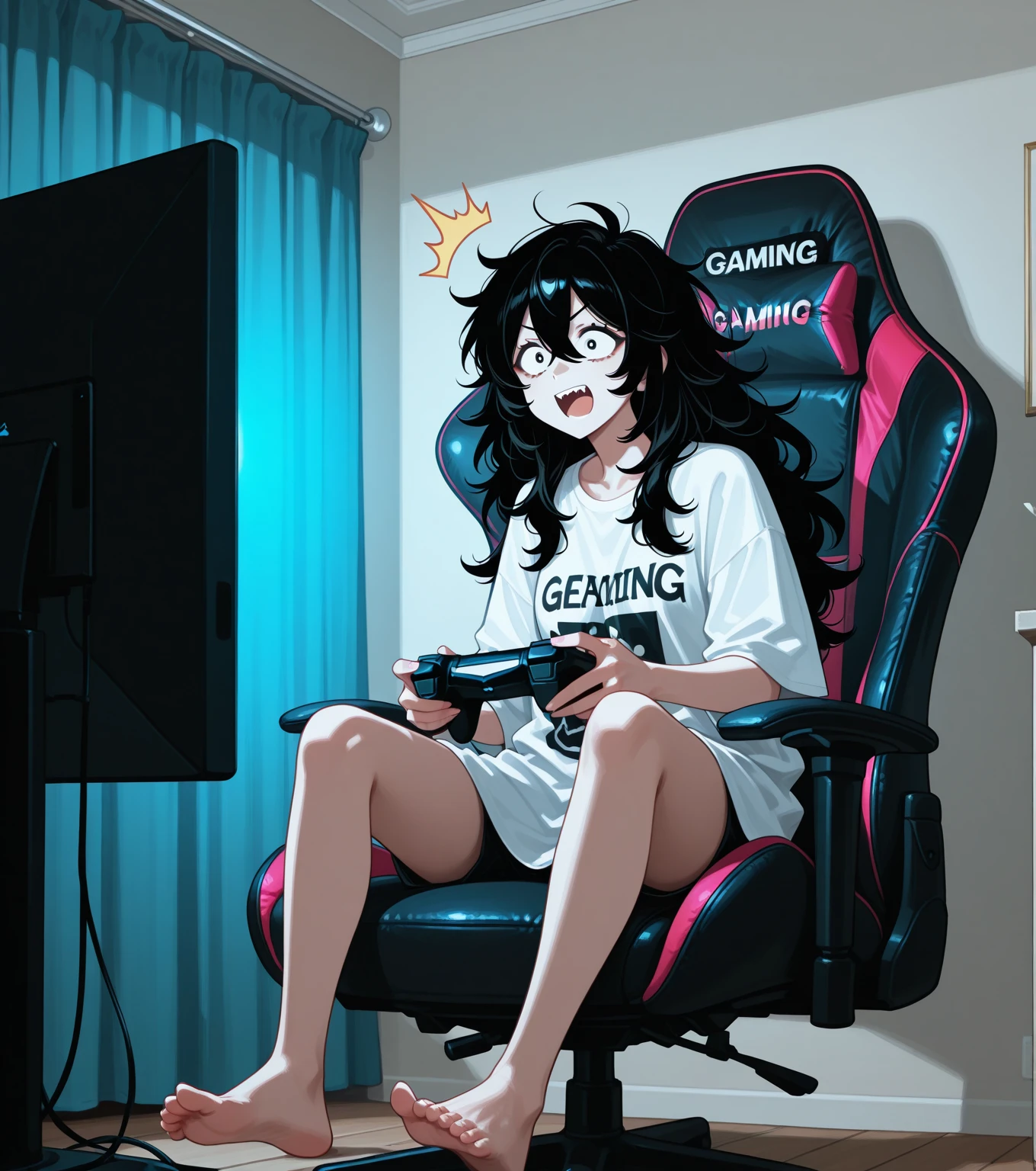 An older girl; a black hood covers her head; small shorts on her legs; headphones on her ears; black hair; black eyes; dark circles under her eyes; Asian features on her face; 5 fingers on her hands; 5 toes on her feet; sitting on a gamer chair; she has a playstation controller in her hand; she is barefoot; her feet are on the chair; the background is dark; the room has some light blue led lights; gamer room.