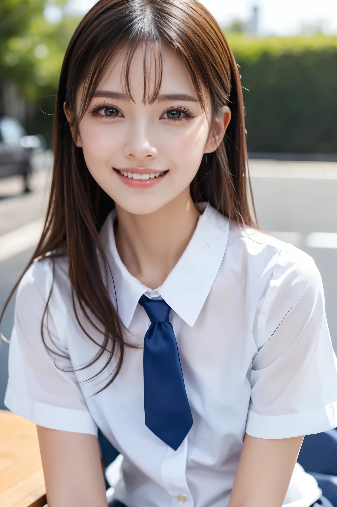 ( table top、 Highest Quality、8k、、 Ultra High Definition )、 ( cute Japanese high school student :1.1)、( The perfect polyester shirt :1.2)、( high school ribbon on chest :1.1)、 navy pleated skirt 、 upper body picture、full face blushing、 will accentuate your body line 、 best smile when staring at me 、 (Very bright:1.1)、 Exposing a fresh and beautiful blurred natural background、 EXTRA DEFINITION BEAUTIFUL TEETH 、( Ultra high definition glossy skin :1.1)、(Bright and glowing skin:1.1)、 Ultra HD Sparkling Eyes 、 ( accurate anatomy :1.1)、 glossy lipstick 、 Fully effective 、(A little pregnant:1.05)