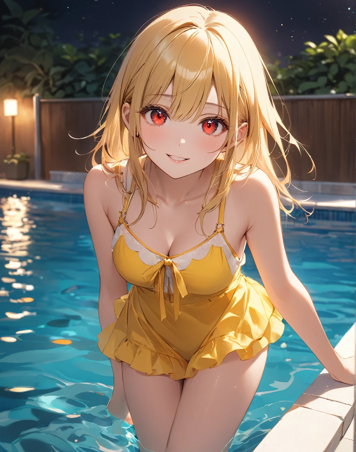 Realistic photos, Focus distance 10mm, Red and white, A big smile, Beautiful girl, Realistic photos, Focus distance 10mmで撮影, masterpiece, 最high quality, high quality, Very detailed CG 8k wallpaper unit, Award-winning photography, Depth of written boundary, High resolution, bloom, chromatic aberration, Realistic, Very detailed, Art Station Trends, CGsociety Trends, Complex, High detail, dramatic, volumetric lighting, A beautiful girl who is an anthropomorphized banana cake, Yellow Hair, Yellow dress with colorful toppings, tropical background,Tree