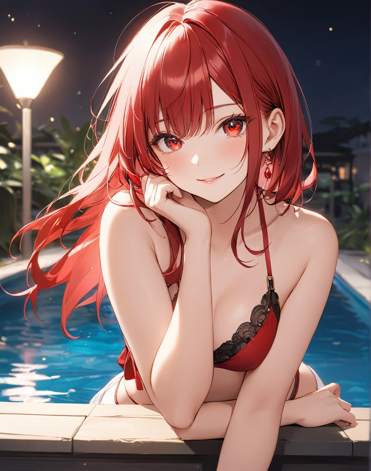anime girl,18 year old tenage girl, animated style, cute fox girl red hair add_detail:1, shy girl , kitsune ears, dark natasha art, city landscape, art by vixen aztra, beautiful legs, thin waist, wide hips, navel piercing, sitting on the edge of the building add_detail:1 small breasts, sexy lingerie, sensual pose add_detail:1, face add_detail:1