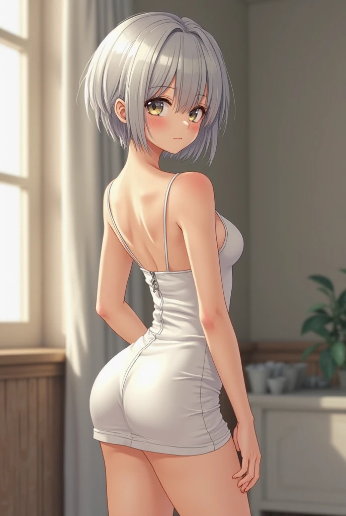 ((ultra quality)), ((Masterpiece)), olya, visual novel, short stature, (Black & White Style), ((White hair)), (Beautiful face), (beautiful female lips), (), charming, ((Innocent expression)), looking at the camera smiling softly, eyes closed a little, (Skin color white), (White skin), glare on the body, ((detailed beautiful female eyes)), ((Light blue eyes)), (juicy female lips), (dark eyeliner), (beautiful female hands), ((Ideal female figure)), Ideal female body, beautiful waist, beautiful hips, small breasts, ((subtle and beautiful)), stands temptingly, (wearing a gray short sweatshirt, bending over showing ass and pussy to viewer.) background: In a living room, ((depth of field)), ((high quality clear image)), (clear details), ((High detail)), realistically, professional photo session, ((Clear Focus)) bending over showing ass and pussy to viewer.