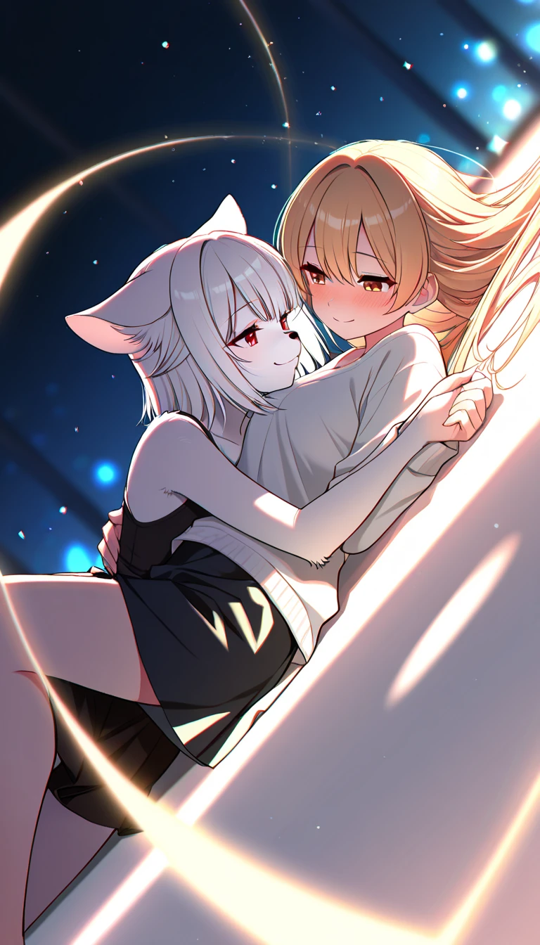 white cat girl,grey cat girl,long hair,lesbian,full face blush,lily flowers around girl,naked,hugging,fall in love face,heart eyes,heart expression eyes,heart eyeblow,white light,sparkling star,glistering effect around girl