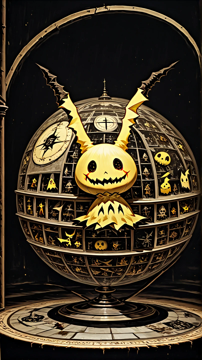 A dark but tender and innocent head of Mimikyu, in the shape of a globe