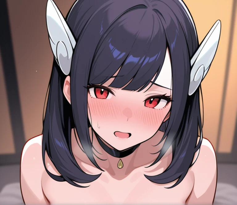 A mature woman with very long black hair with white highlights,white horns,green eyes, devil tail, lying on top,in a ((bedroom)), blushing girl,shy girl, medium breasts, ((night time)), 1girl, ((couple)),naked Girl,((pov)), smiling, Handjob, penis, erect penis