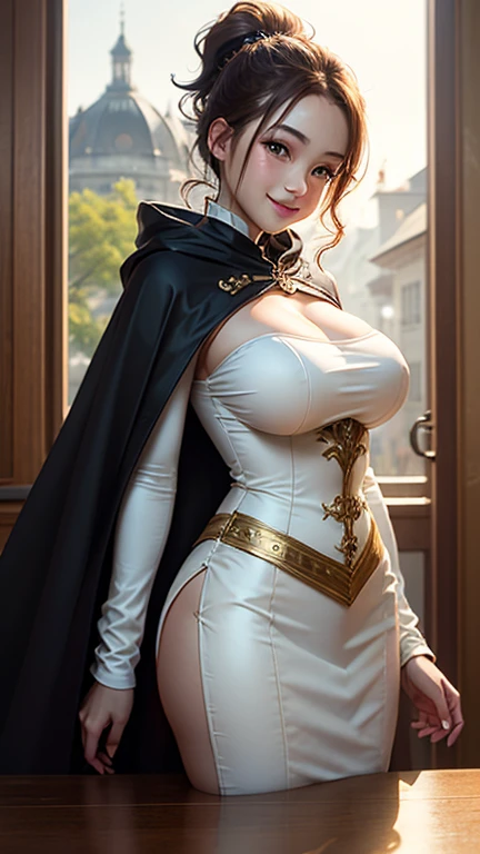 Dark Souls, Dim Light, Old Church, Mature Woman, slim, expensive, Long blonde curly hair, Long black cape, Red leotard with long skirt, Long skirt with diamonds, Gold Bracelets, 8K, Official Style, European aristocracy, 、Sexy proportions、Sexy、Narrow waist、Long eyelashes、eye shadow、lipstick