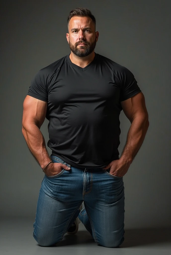 An image of a chubby middle-aged man with a serious expression. He has short black hair, is wearing a black V-neck t-shirt, and camo pants. He is standing against a plain, dark background with subdued lighting that emphasizes the textures and shadows on his face and clothing, creating a dramatic and intense atmosphere.